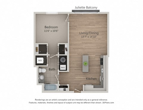 Floor plan for 1 bed, 1 bath, 755 sqft